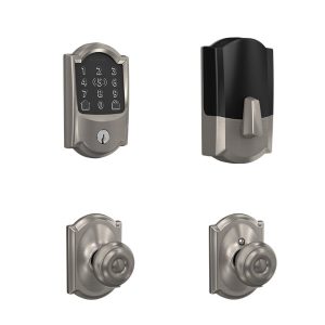FBE499_CAM619_GEO_CAM Schlage Encode Plus Smart WiFi Deadbolt & Georgian Knob Combo in Camelot Trim