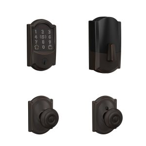 FBE499_CAM716_GEO_CAM Schlage Encode Plus Smart WiFi Deadbolt & Georgian Knob Combo in Camelot Trim