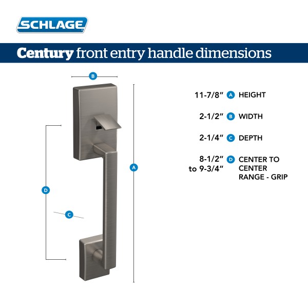 Century front entry handle measurement specs info card